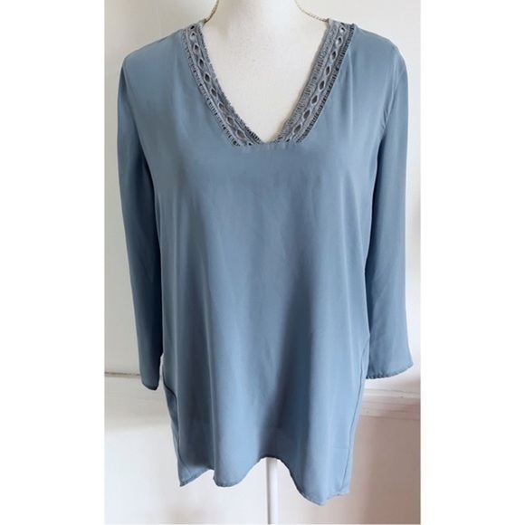 LOFT Tops - Loft • Medium Light Blue V Neck Crochet Trim Blouse